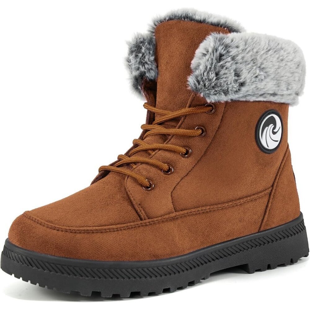 Women’s Brown Warm Fur Lined Ankle Booties Lace Up Slip-On Outdoor Boots